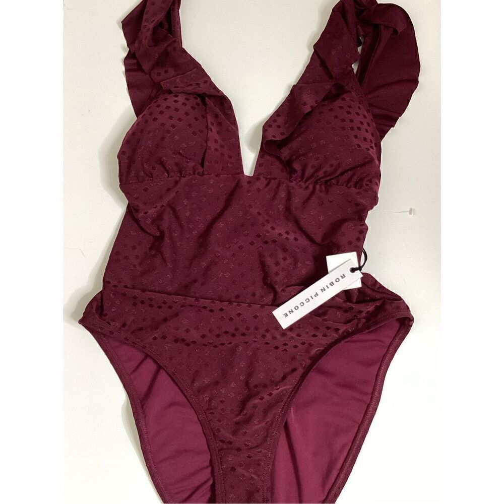 New. Robin Piccone plum ruffle one piece. Size 14. Retails $168 - Picture 9 of 13